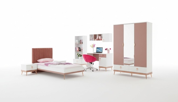 Stylish girls\' room furniture luxury single bed wardrobe desk 6 pieces