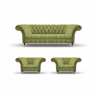 Stylish Green Chesterfield Suite Elegant 3-Seater 2x Fabric Armchairs 3-piece set