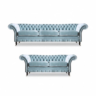 Stylish Light Blue Chesterfield Designer Sofa Set Three-Seater Two-Seater