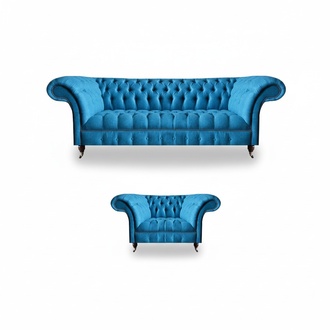 Stylish light blue Chesterfield seating set including an armchair and a 3-seater sofa, 2 pieces.