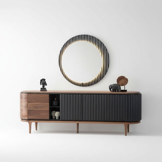Stylish set designer brown sideboard round mirror 2-piece wooden set