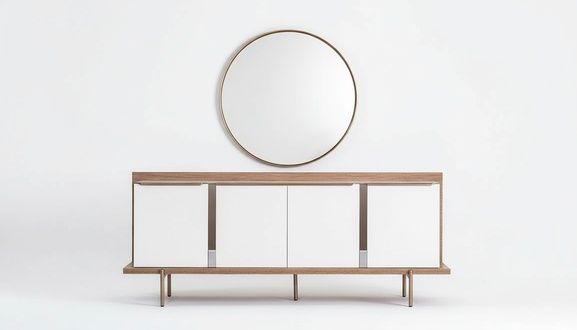 Stylish White Brown Sideboard Round Mirror Designer Wooden Furniture Dining Room
