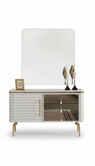 Stylish white chest of drawers with round LED mirror bedroom set 2 pcs