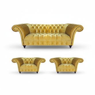 Stylish Yellow Chesterfield Set Designer Sofas 2x Luxury Armchairs 3-piece