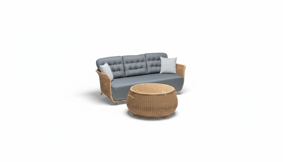 Set of 3-seater sofa in gray, coffee table, 3-seater sofas, rattan, luxury, modern