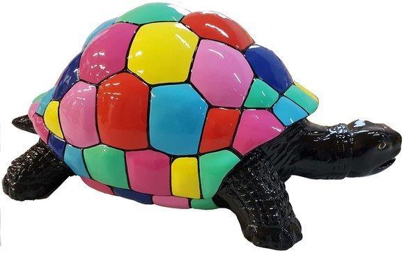 Abstract decorative sculpture designed as a gloss black turtle with multi-colored mosaic shell(P150A)