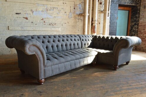 Chesterfield Corner Sofa L-Shape Classic Textile Couch Grey Living Room Furniture New