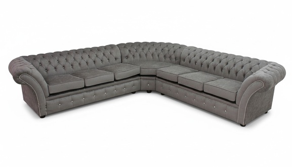 Chesterfield Corner Sofa L-Shape Grey Textile Comfortable Living Room Couch Soft Cushions New