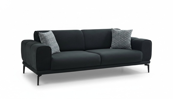 Three-seater fabric sofa, 3-seater upholstered couch, black fabric.