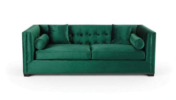 Three-seater green fabric upholstered sofa Chesterfield living room design couches.