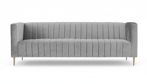 Three-seater gray sofa, gray velvet fabric, living room design, couches, upholstery, new.