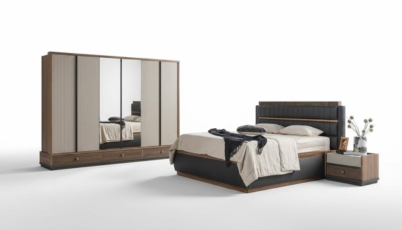 Two-color bedroom designer set double bed wardrobe chest of drawers