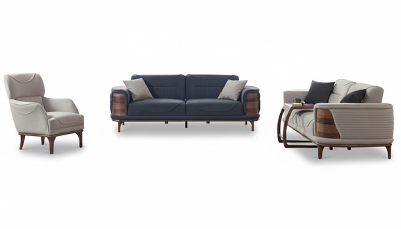 Two versatile sofas complete with white armchair luxurious upholstered