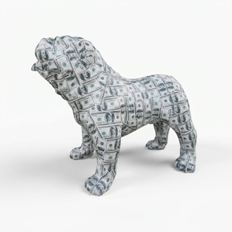 Decorative sculpture designed as full us dollar colored standing dog 74x90cm