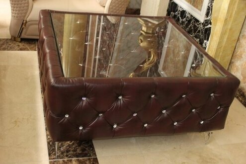 Coffee table Chesterfield genuine leather table crystal stones tables glass table On Stock
