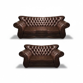 Upholstered furniture leather 2x sofas living room Chesterfield brown furnishings 3+2
