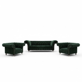 Upholstered Furniture Luxurious Designer Sofa Set 3+1+1 Green Fabric Chesterfield