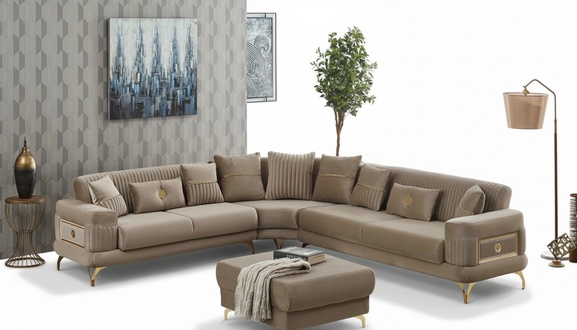 Corner sofa L-shaped fabric sofa beige couch modern