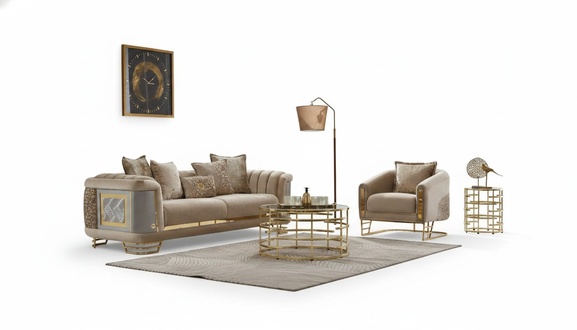 Upholstered sofa couch set three-seater armchair beige fabric sofa 2-piece