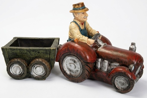 Original colored deco figure of a gardener on a traktor with a trailer 57x109cm