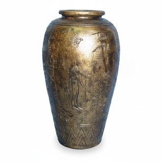 Deco figure of an ancient egyptian golden flower pot vase with hieroglyphs 64cm
