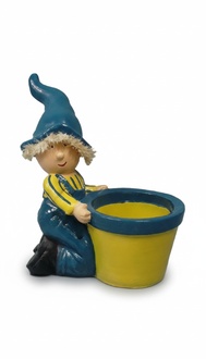 Deco figure designed as an yellow blue colored boy with a flower pot bowl 48x37cm