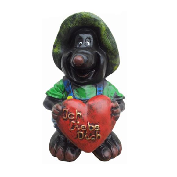 Decorative sculpture designed as a colorful mole figure holding a big red heart 40cm