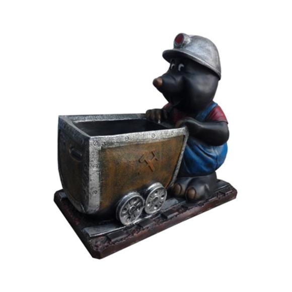 Decorative sculpture designed as a black colored mole miner with a trolley on rails 65cm