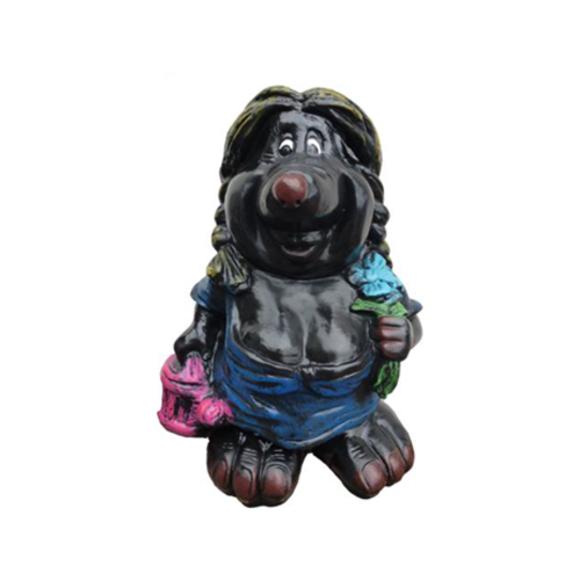 Decorative sculpture designed as a black colored mole lady with a watering can & a flower
