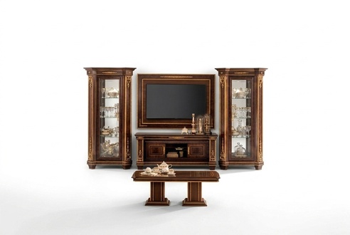 Living room wall unit of 4x-furniture TV lowboard, 2x showcases & wall panel