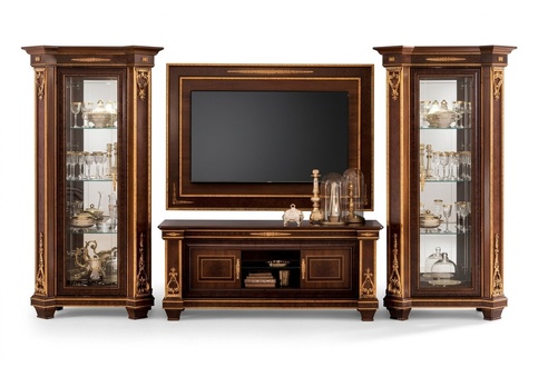 Living room wooden TV lowboard with swing doors & shelves in classic baroque style arredoclassic
