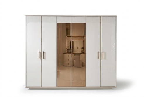 Wooden wardrobe in white, elegant modern style.