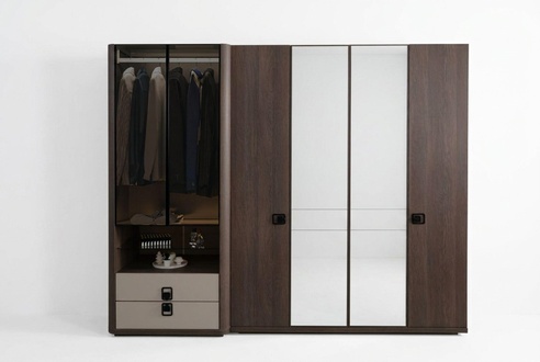 Wooden wardrobe in brown, modern and elegant storage space.