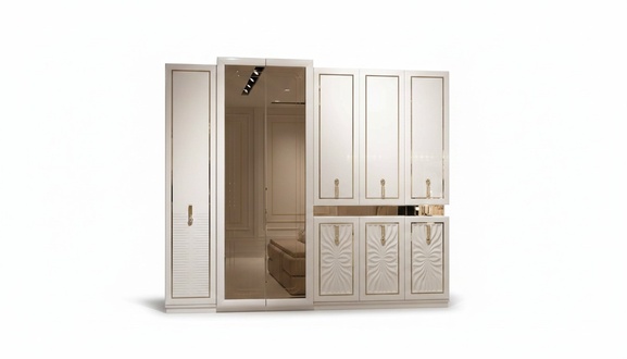 Wooden wardrobe in beige, modern elegant style.