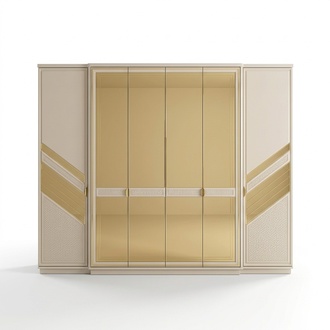 Wardrobe with mirror doors, fabric wardrobe, beige and gold, bedroom.