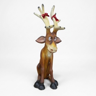 Decorative sculpture designed as a light brown sitting funny cartoon reindeer 100cm