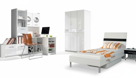 White bedroom children\'s room set cabinet chest of drawers table wood high gloss 5 pieces.