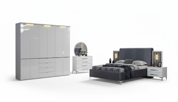 White bedroom furniture Textile bed Large wardrobe Bedside tables