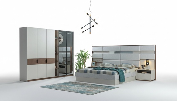 White bedroom set double bed bedside tables wardrobe 4 pcs new
