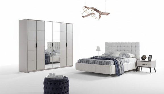 White Bedroom Set Luxury Furniture Upholstered Bed Wood Wardrobe