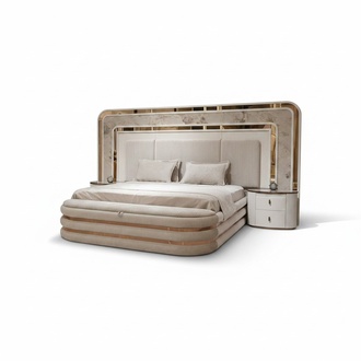White bedroom set made of wood with bed, nightstands, and bench.