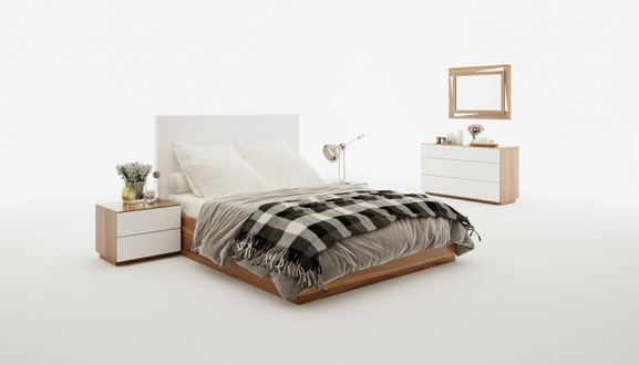White-brown bedroom set luxury wooden furniture bed bedside tables chest of drawers