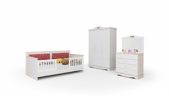 White children\'s room furniture bedroom set bed wardrobe chest of drawers