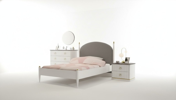 White children\'s room set made of wood with bed, wardrobe, and desk.