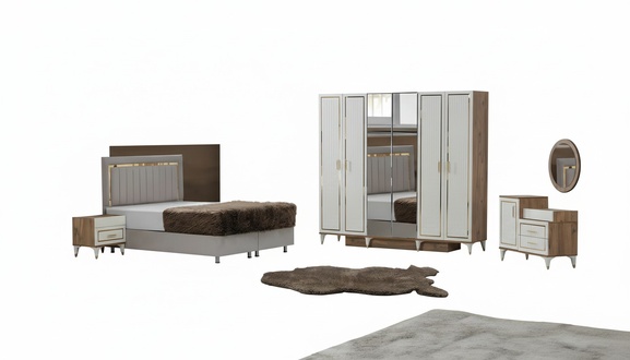 White and gold bedroom set Bed Wardrobe Chest of drawers