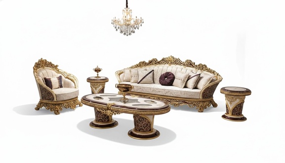 White-Gold Chesterfield Sofa Set 3+1 with Coffee Table Set 3 pieces Sofa