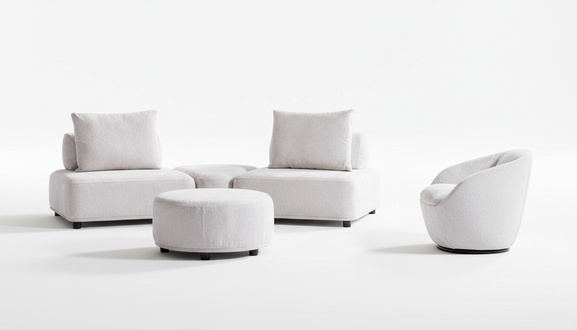 White Living Room Designer Sofa Set Two-Seater Upholstered Armchair Ottoman 3-Piece Set