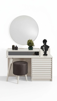 White dressing table with drawers Round armchair Console Luxury upholstered stool 3 pcs