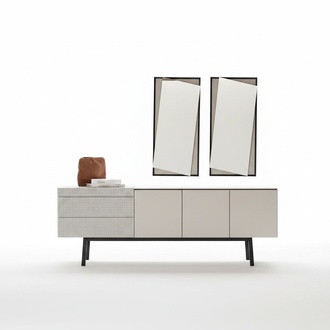 White wooden dining room set with sideboard and mirror, modern.