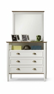 White wooden dresser with mirror, modern and stylish.